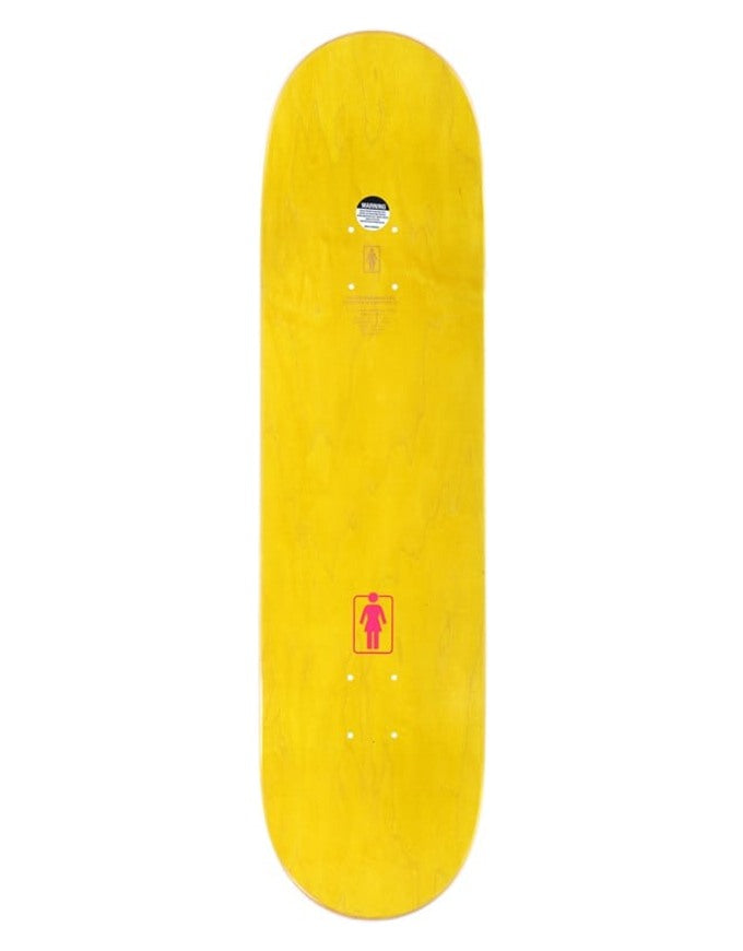 A bright yellow skateboard deck shown vertically against a plain white background, featuring a small red graphic near the tail and visible hardware slots.